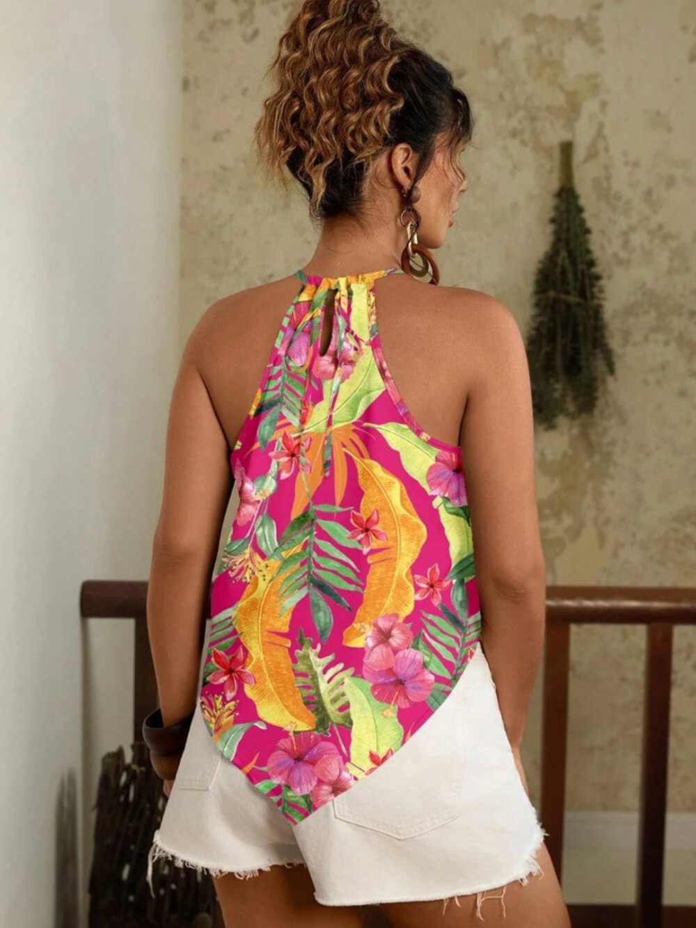 Tropical Print Halter Top w/Handkerchief Hem - Picture 4 of 7